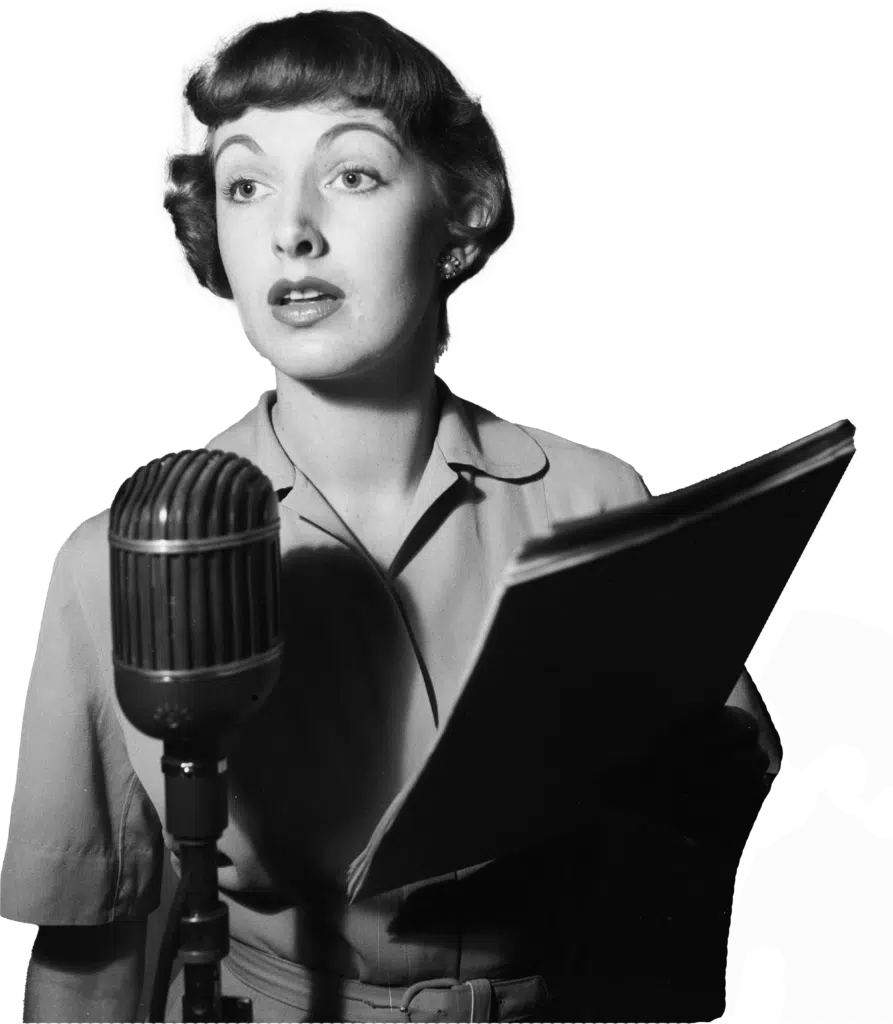 Talen op de arbeidsmarkt duik in taal radio omroeper micro vrouw zangeres retro vintage taalleraar