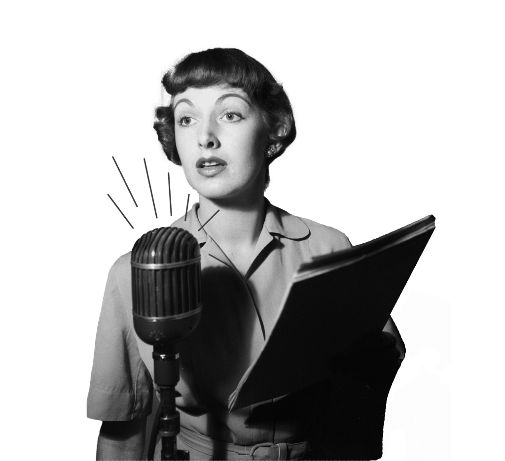 Talen op de arbeidsmarkt duik in taal radio omroeper micro vrouw zangeres retro vintage taalleraar