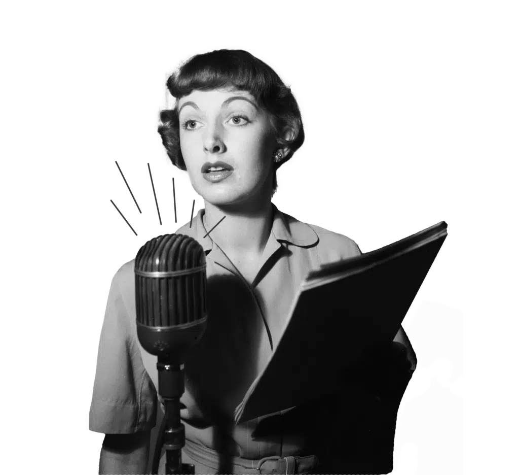 Talen op de arbeidsmarkt duik in taal radio omroeper micro vrouw zangeres retro vintage taalleraar