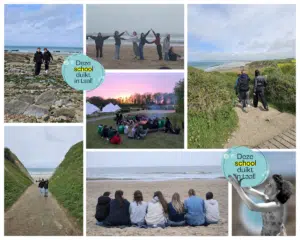 Collage van strandbeelden met leerlingen en 'Deze school duikt in taal' logo tijdens een schooluitstap.