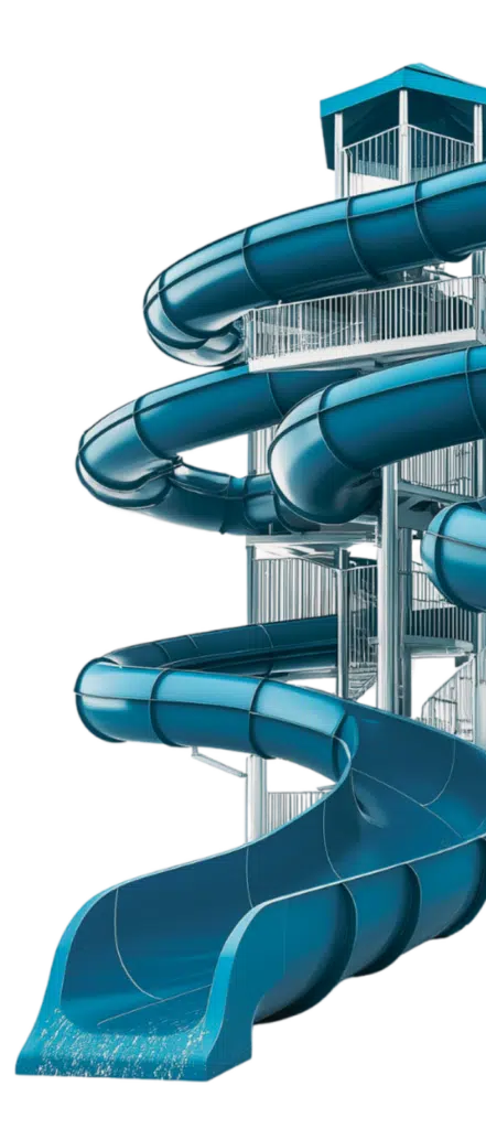 Blauwe glijbaan met spiraalvormige buizen in een waterpark, symbool voor de sprong in taalonderwijs en de vele keuzemogelijkh